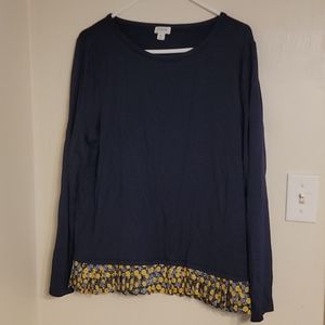 J Crew Navy Pullover Top with Flowers on Hem